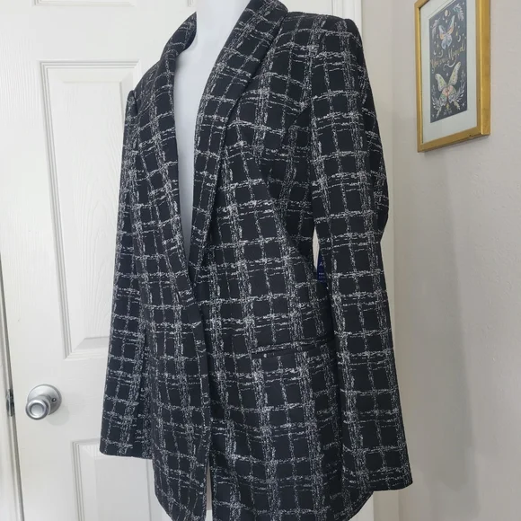 APT. 9 Ponte Stretch Knit Jacket Shine Plaid L NWT Black & Silver - Picture 3 of 16